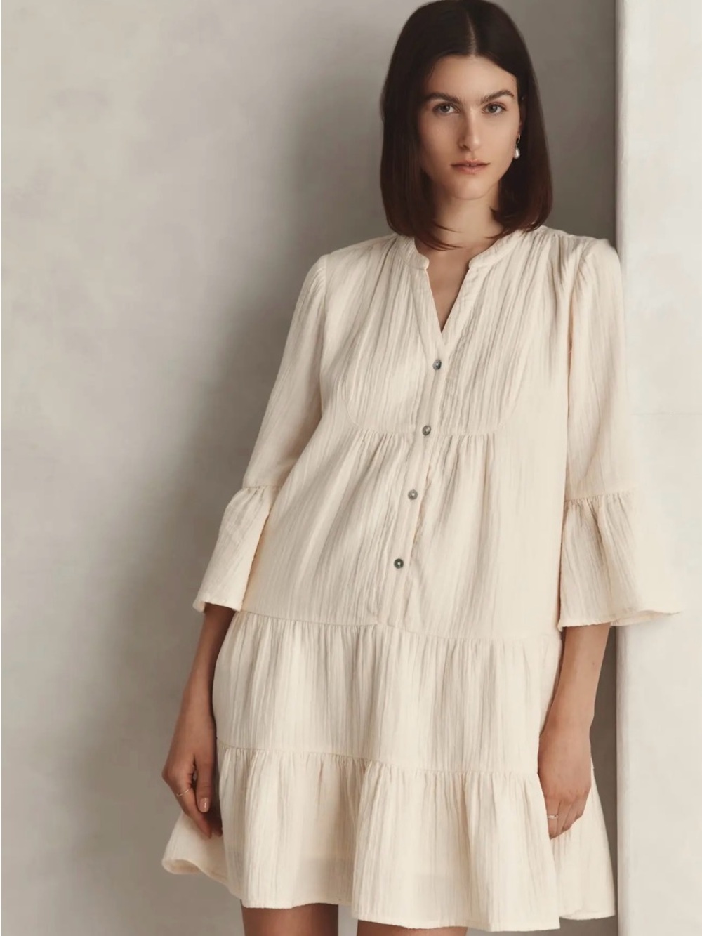 Quince 100% Organic Cotton Gauze Long Sleeve Tiered Mini Dress size Large NWT